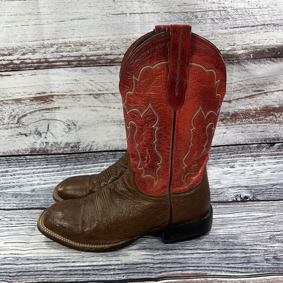 Lucchese Smooth Ostrich Red Brown Leather Square Toe Cowboy Boots M1805 Mens 8.5 - Picture 5 of 12